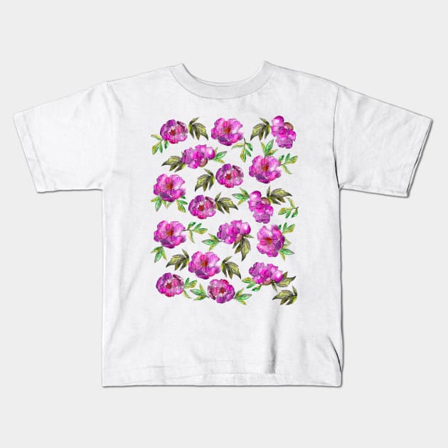 Peonies Flowers Watercolor Ink Cute Purple Kids T-Shirt by ArtInPi